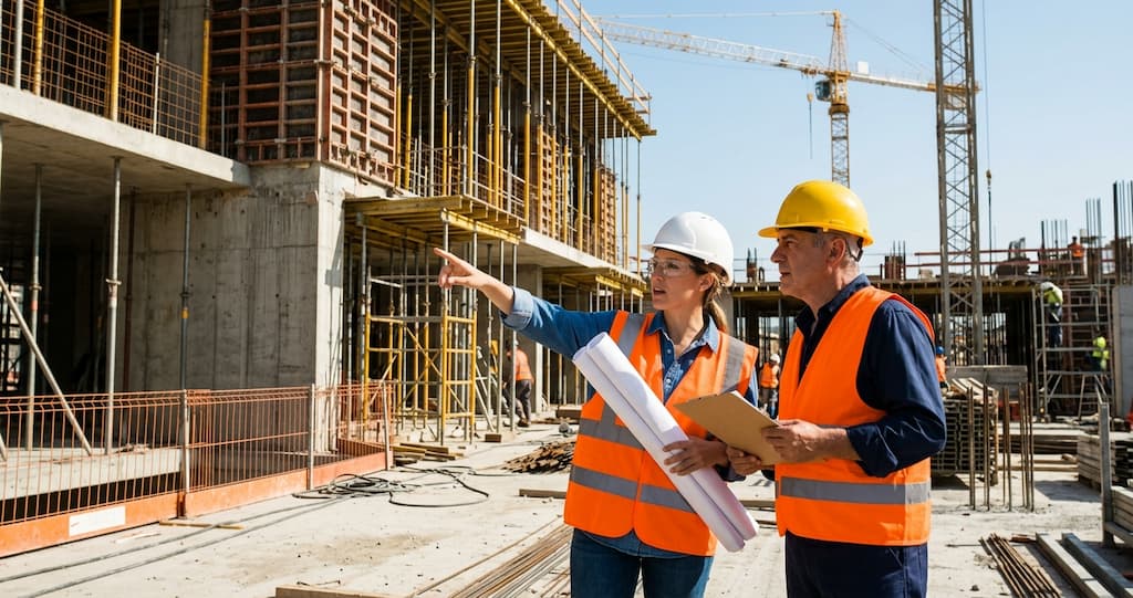 Coordinadora de seguridad y salud coordinando los trabajos con el encargado en obra