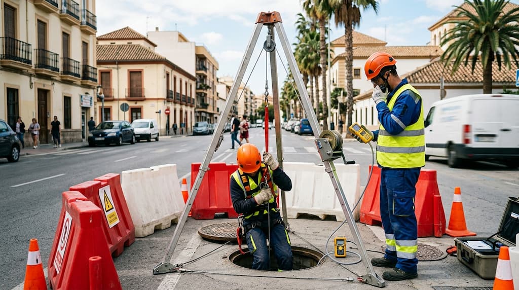 Trabajador entrando en un pozo con trípode de rescate y medición de gases, ejemplo de qué es un espacio confinado
